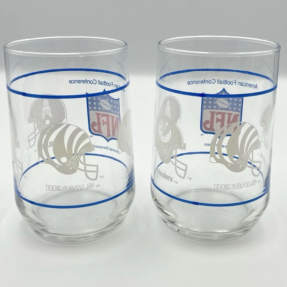 Vintage Set Of 2 NFL Central Division Glasses AFC Oilers Steelers Bengals Browns